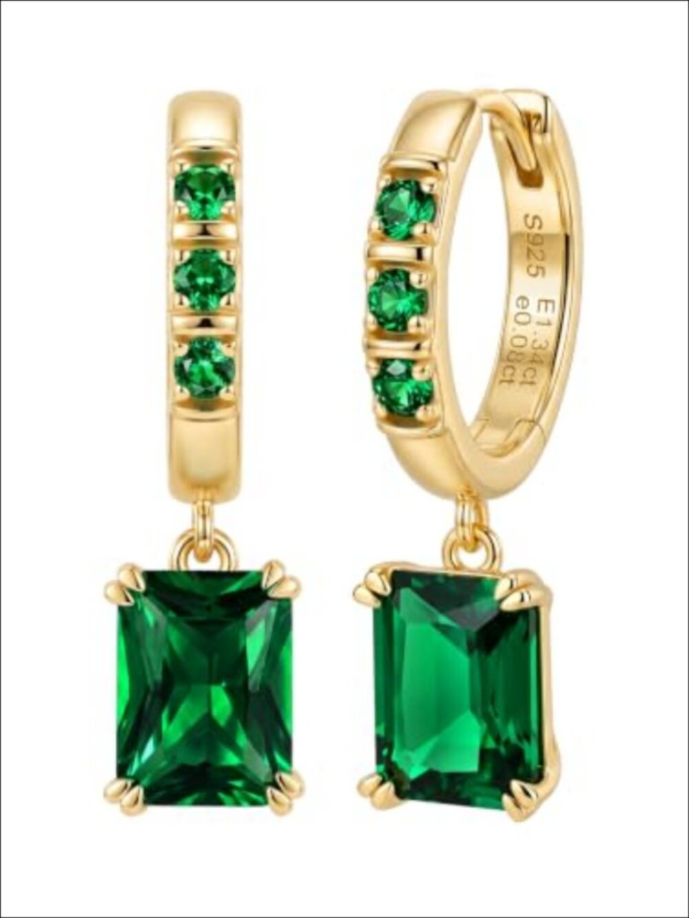 Created Emerald Dangle Hoop Earrings 925 Sterling Silver Yellow Gold Plated